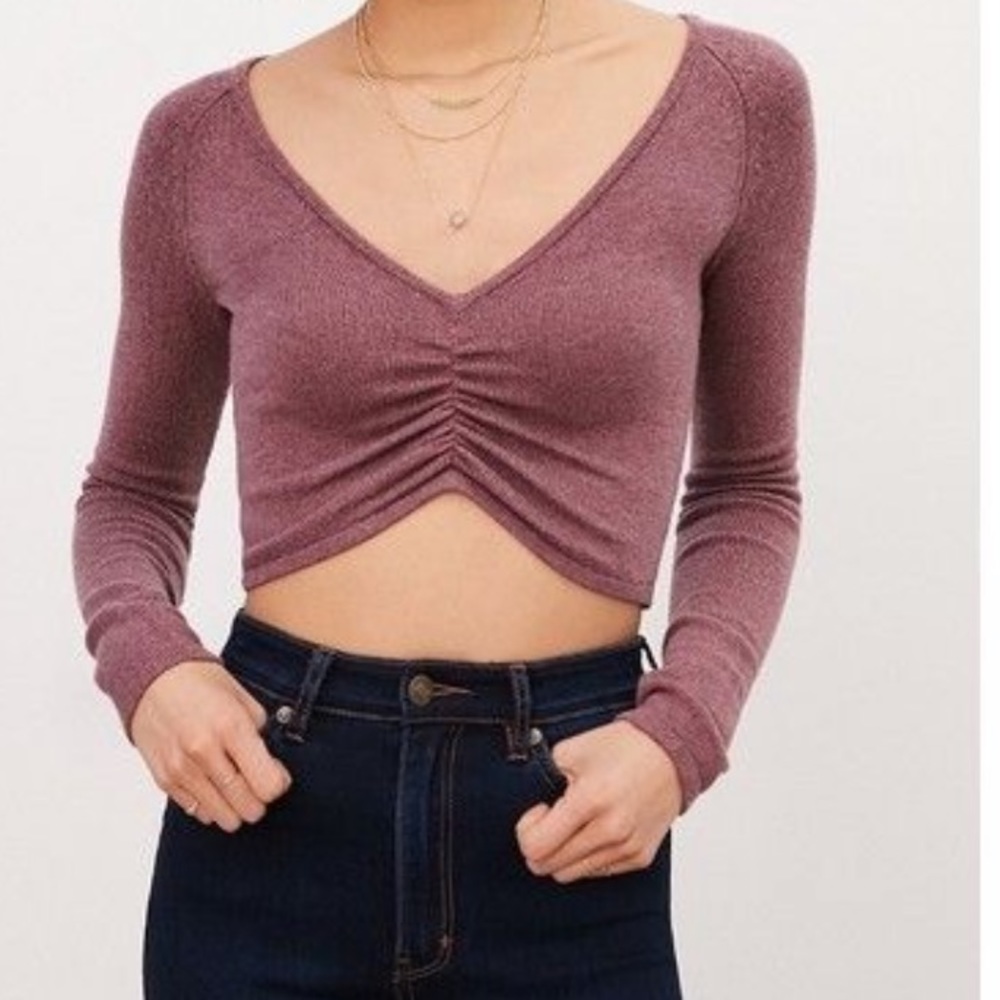 UO Ruched Front Ballet Long Sleeve Cropped Sweater